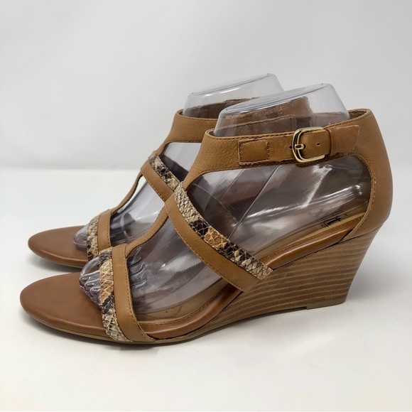 Sofft Pippa Brown Leather Wedge Heels Snake Print Adjustable Buckle Open Toe - Picture 2 of 10